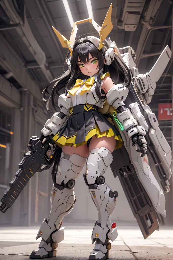 (highest quality)), ((masterpiece)), (very detailed: 1.3), 3D, {(ung girl)}, (wear yellow sweater and white collared shirt and green pleats skirt and green bow tie under armor:1.3), (black hair:1.5), (She is fused with futuristic Gundmecha:1.3), with headgear, with v-fin , armored shoulders,armored under arms, armored under legs, short sleeve, attached 2 huge weapons on back, legs mounted weapon module, camel toe, multilayer textureperfect proportions, octane rendering, duotone lighting, Low ISO, wide aperture, White balance, Rule of thirds, ultra HD16k, HDR (High Dynamic Range), Ray Tracing, NVIDIA RTX, Super Resolution, Subsurface Scattering, PBR Texturing, Post Processing, Anisotropic Filtering, Depth of Field, Maximum Clarity and Clarity, High efficiency subpixel, subpixel convolution, particles of light, light scattered, Tyndall effect, full body:1.5, battle pose,(holding a large weapon by the right hand:1.2,background of sky:1.2),(face-off sex position:1,2), , cute, (cute:1.2), (long hair:1.3), (Average face of Japanese idols), (baby face), Wide forehead:1.2, Plump Cheeks, Small jaw, in the hangar,looking at viewer,Focus on the eyes , (Four perfect fingers, One thumb),
