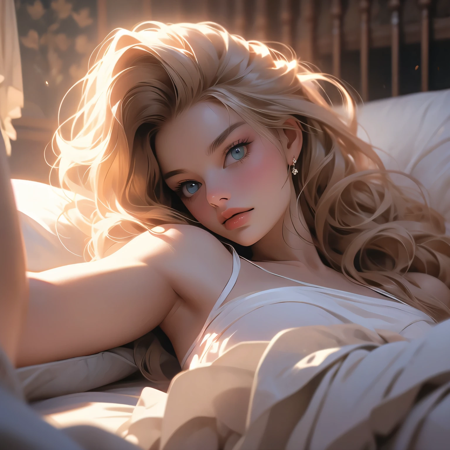 Lying in bed,A woman in underwear with Margot Robbie's face, highest quality, Very detailed, 1 girl,Redhead, Long braided hair, Golden Eyes, bangs, Naked Women,Very small pointed breasts, Thin legs,Looks lewd,, (bad: 1.2),Exposing breasts,Spread your legs,Full Shot, Crisp contrast, Beautiful fine details,White panties,I can see your underwear,