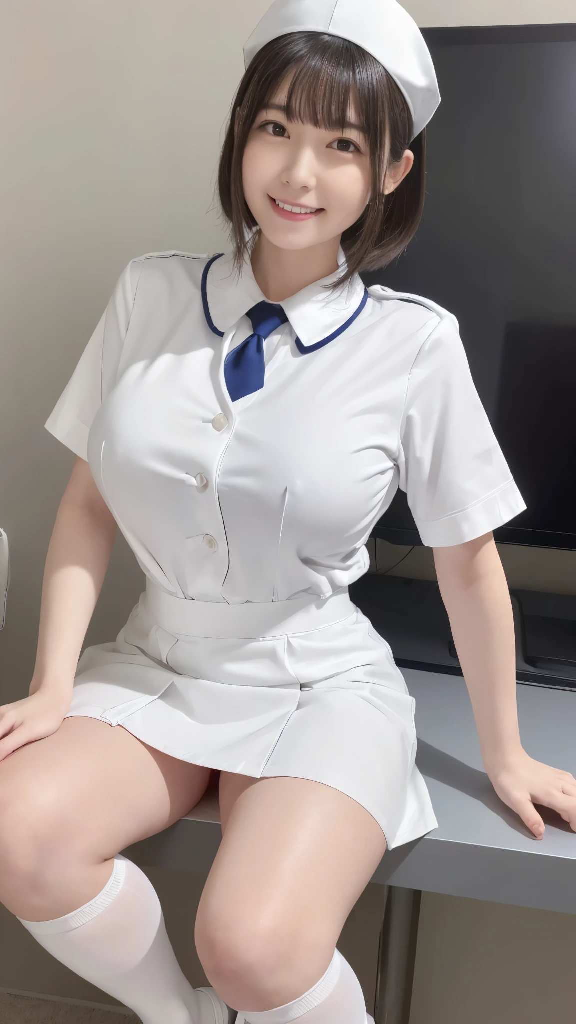 (Traditional white nurse uniform、Small plain nurse cap、White pencil micro mini skirt、Pencil Mini Skirt、Black Hair、smile、Inside the hospital、Knee-high socks、Short sleeve、Groin、Her big breasts are about to burst out of her clothes)、ass、Professional Lighting、thin、Adult female、Captivating thighs、Clothes with visible body lines、Crouching