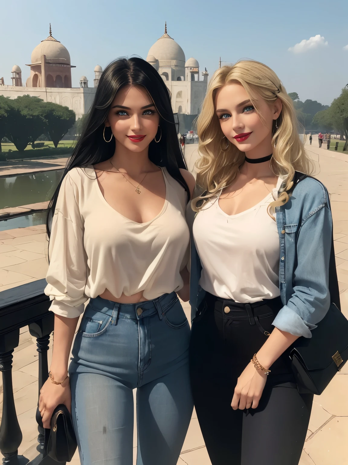 ((Two women)), ((the first Caucasian woman))) with ((((({blonde hair}))))), ((curly hair)), long hair, with ponytaive, (((olive green eyes))), (((lined eyes))), (Red lipstick), athletic body, (small breasts), earrings, bracelets, smile, ((skirt)), (top) and bag; (((The second Caucasian woman))), She is taller than, with (((({black hair})))), wavy hair, long hair, (((blue eyes))), (lined eyes), (shiny eyes), (red lipstick), smiling, athletic body, (medium breasts), (jeans), blouse, earrings; She is taller than the blonde. ((both very happy posing for the camera)), In the background you can see the Taj Mahal, Front shot.