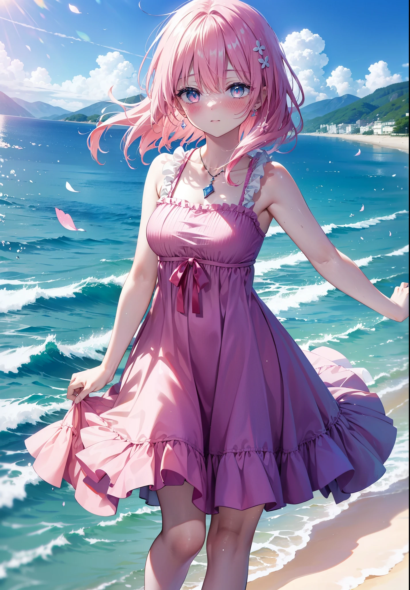 Model Luke, Momo Model Building Luke, Devil&#39;s Tail, Hair Flowers, hair ornaments, Pink Hair,Short Hair,(Purple eyes:1.1), smile,blush,happy smile, smile, Open your mouth,
, Sleeveless Pink Dress,Pink long skirt,Cute Sandals,walking,Real Summer,Daytime,sunny,whole bodyがイラストの中に入っていくように,
break outdoors ,Coastal Road,In town,　　　　　　　　　　　　　　break looking at viewer, whole body,
break (masterpiece:1.2), highest quality, High resolution, unity 8k wallpaper, (shape:0.8), (beautiful deしっぽed eyes:1.6), extremely deしっぽed face, Perfect lighting, extremely deしっぽed CG, (Perfect hands, Perfect ???????),