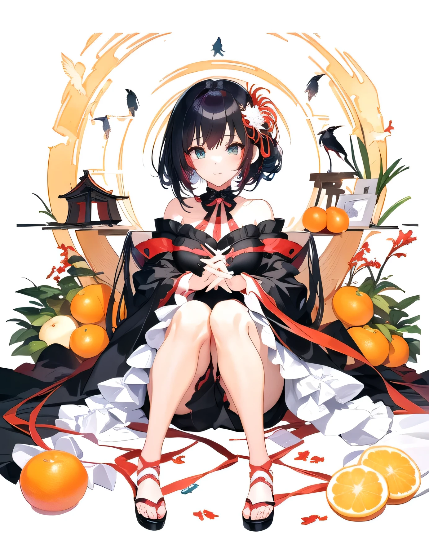 Anime girl sitting on the bed，There are birds and oranges on the body, Anime visuals of cute girls, Red spider lily, silver-haired magician, Anime girl wearing black dress, official art, Anime Illustrations, official artwork, anime style illustration, Clean and detailed anime art, Anime full body illustration, anime graphic illustration, Anime girl squatting, Ehime,8K,delicate eyes,beautiful pupils.PIXIE style