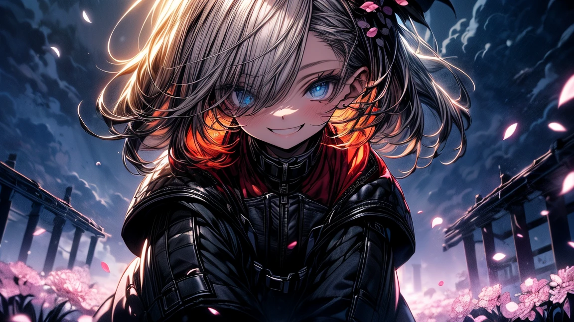 masterpiece, highest quality,, One girl, (colorful),(Beautifully detailed eyes and face),cinematic Lighting,Bust Shot,Highly detailed CG Unity 8k wallpaper,Gray Hair,alone,smile,Complex skirt,((Flying petals)),(Flowery meadow), null, cloudy_null, building, moonLight, moon, night, (Dark Theme:1.3), Light, Fantasy,