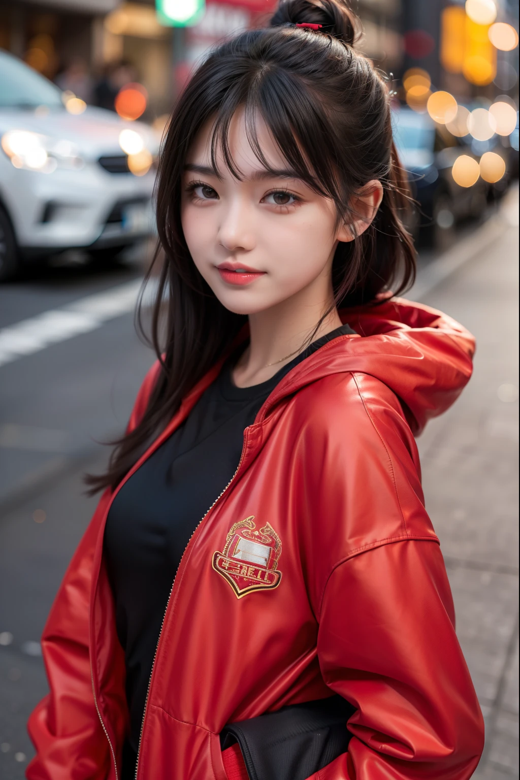 girl，Happy expression，Street Dance，Ball head，Provocative，Red Jacket，Black undershirt