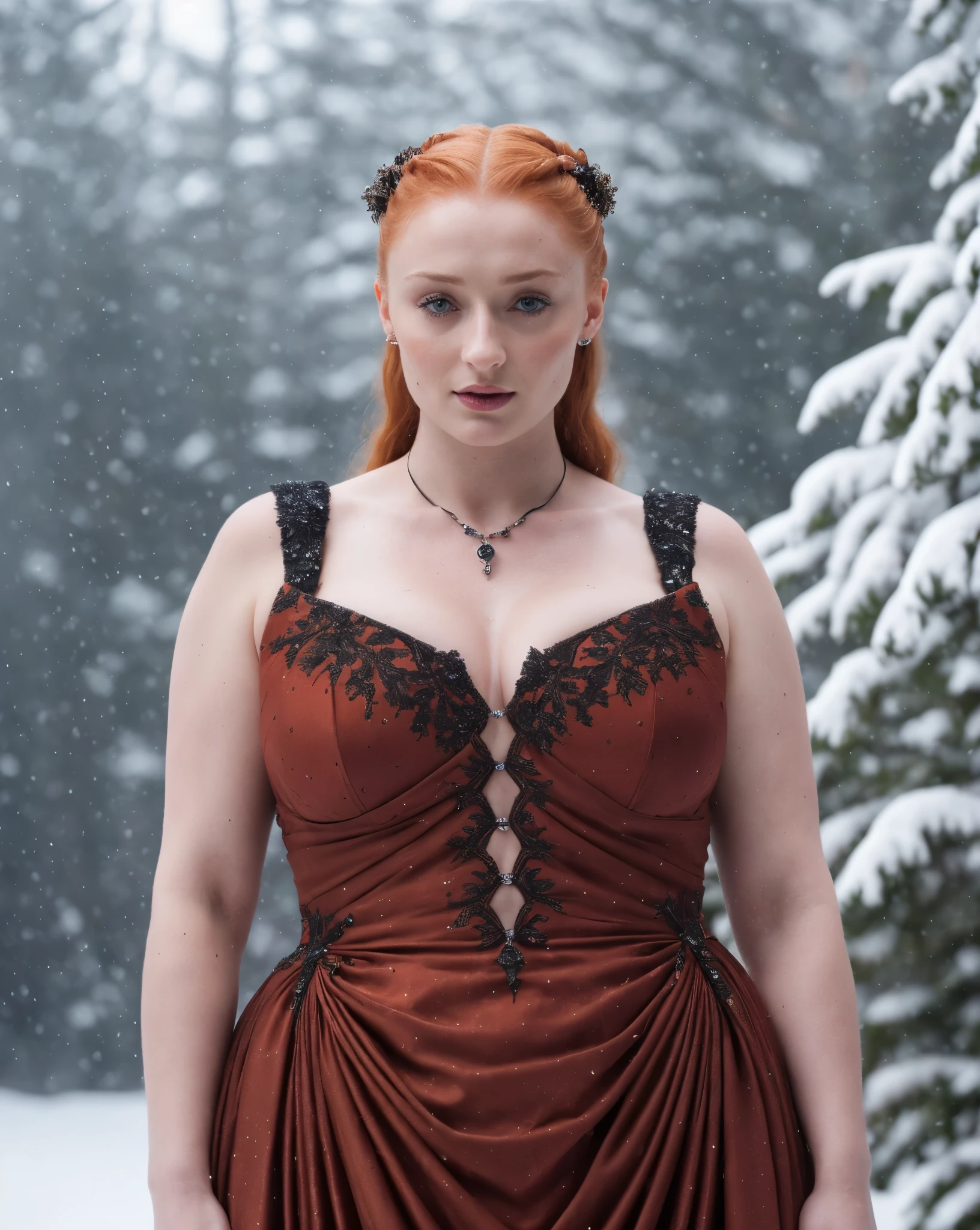 Face of Sophie Turner, Sansa Stark played by Sophie Turner, the de facto Lady of the Eyrie, is a 40-year-old mature queen with a stunning, alluring appearance. Full Face, pierced eyes, reddish lips, upper body shot, erotic Mediaeval costumes, game of thrones costumes, She wears a Game of Thrones-inspired costume and has a deep cleavage, a perfect thick body, and a perfect thick figure. The photograph captures her in a close-up, with her skin texture and facial features being ultra-realistic and realistic. Juicy thick figure, high quality skin, Skin pores, amazing details, snow, snow flakes, semi realistic, extremely detailed eyes, dark moody orange and black settings, cool environment, artificial intelligence, winter, winter scene,