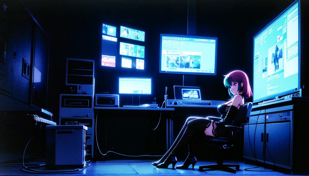 (perfect composition), (high resolution, masterpiece, ultra best quality, insanely amazing hyper fine extremely detailed, official:1.4)( full body, 80's horny milf hacker anime girl in lingerie sitting at a desk with a vintage computer, seductive hacker anime girl in lingerie, retro cyberpunk anime, 80's cyberpunk anime girl in lingerie, digital cyberpunk anime!!, best anime 4k konachan wallpaper, (anime girl with green teal short hair), 90's anime style in 4 k, mega man legend art ,black latex lingerie, black lace lingerie, 80's, multiple old computer , inspired by serial experiments lain room, high degree electronic laboratory, lots of old computer hardware, surrounded by old computer screen, a lots of cable wires, octane rendering, colorful contrast, unadorned, dark computer room, night, betterHands