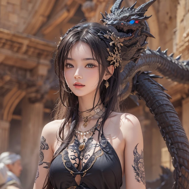 Hiding in the desert、Hair flow、 ((highest quality、masterpiece、8k、Best image quality、Ultra-high resolution、Award-winning works)、(Accurate anatomy:1.1)、(Look at me and smile:1.1)、Shining fair skin with Ultra-high resolution、The most detailed face、Ultra-high resolution detailed face、Ultra-high resolutionの髪の毛、(Ultra-high resolutionの煌めく瞳:1.1)、Beautiful face drawn in every detail、(Blurred Background:1.1)、Ancient Islamic clothing, Chest to chest, tattoo, Old ruins in the background、Apart from the black real dragon