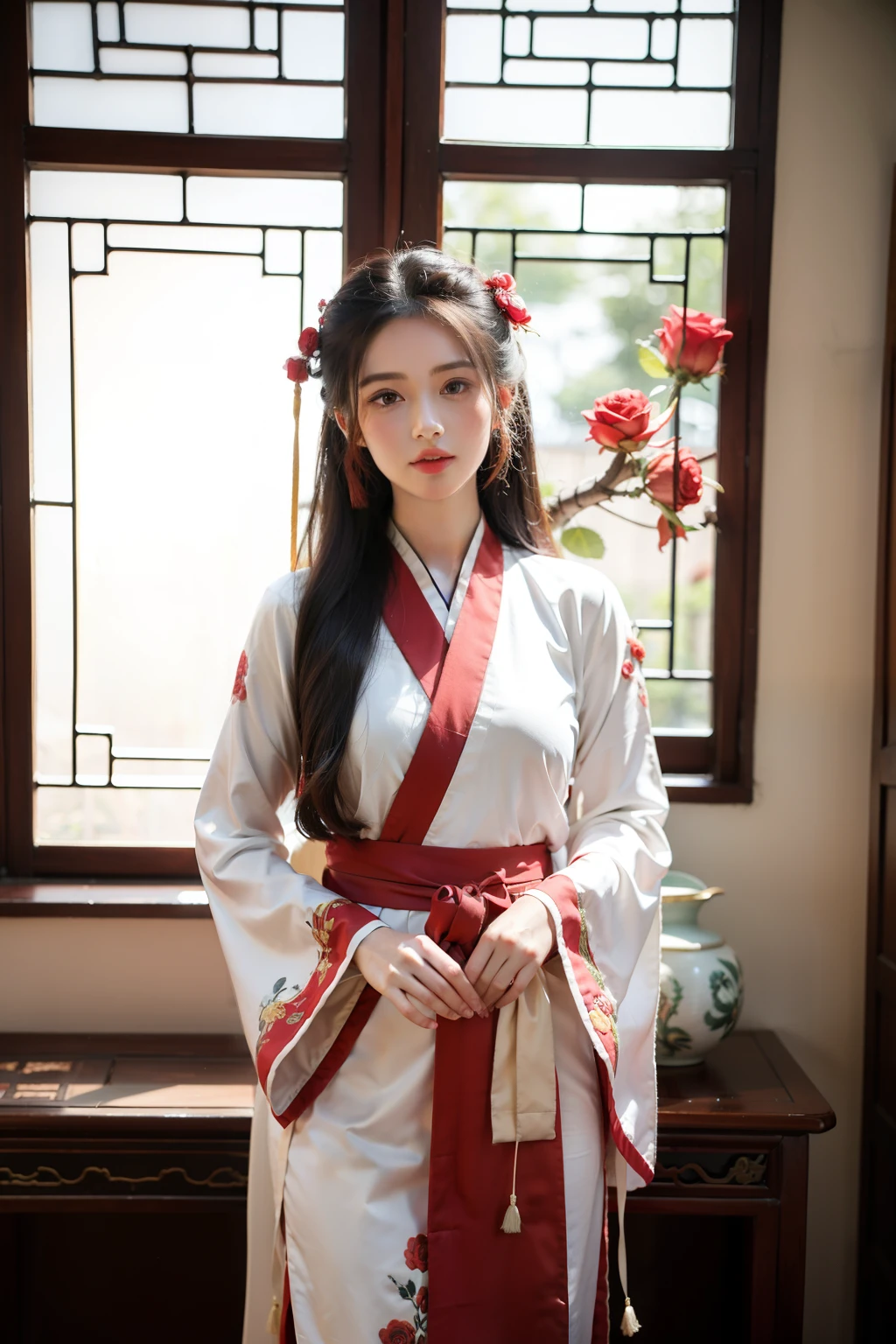 ((best quality)), ((masterpiece)), (Costume hairstyle，Air bangs，Blush，charming，Bright beautiful eyes，Long eyelashes，Gauze woven Hanfu，（Rose red dragon and phoenix embroidered Hanfu），Chinese style room，Classical furniture，Lattice windows，curtain，antiquity), perfect face，