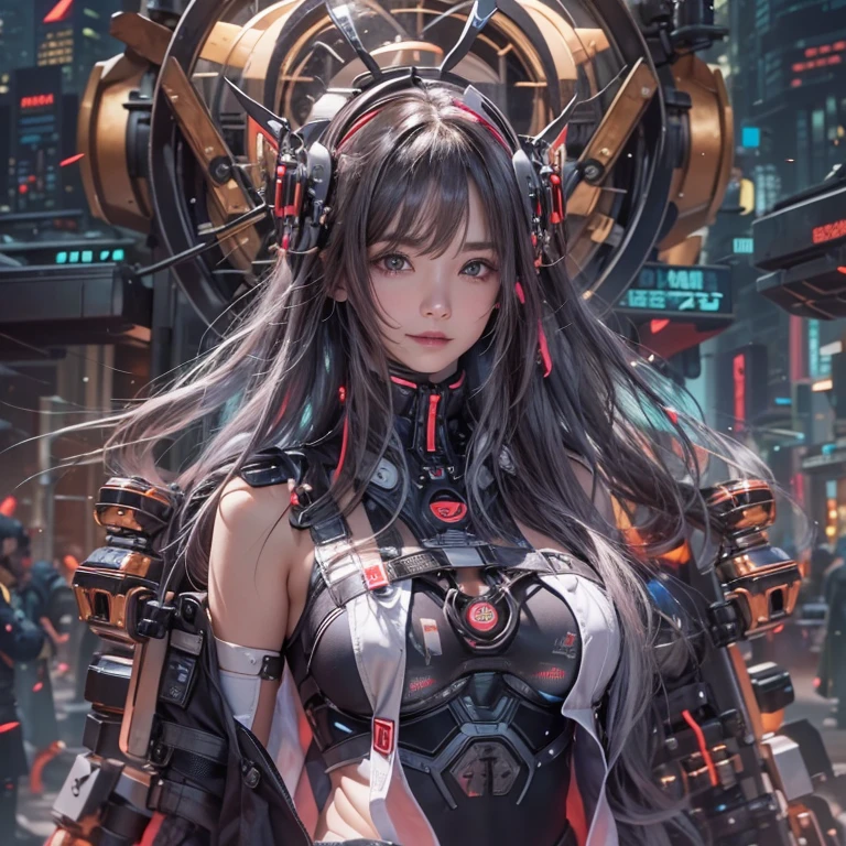 Ride in a time machine 、Hair flow、 ((highest quality、masterpiece、8k、Best image quality、Ultra-high resolution、Award-winning works)、(Accurate anatomy:1.1)、(Look at me and smile:1.1)、Shining fair skin with Ultra-high resolution、The most detailed face、Ultra-high resolution detailed face、Ultra-high resolutionの髪の毛、(Ultra-high resolutionの煌めく瞳:1.1)、Beautiful face drawn in every detail、Cyberpunk clothing, Chest to chest, big floating clock