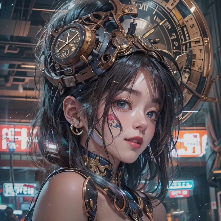 Ride in a time machine 、Hair flow、 ((highest quality、masterpiece、8k、Best image quality、Ultra-high resolution、Award-winning works)、(Accurate anatomy:1.1)、(Look at me and smile:1.1)、Shining fair skin with Ultra-high resolution、The most detailed face、Ultra-high resolution detailed face、Ultra-high resolutionの髪の毛、(Ultra-high resolutionの煌めく瞳:1.1)、Beautiful face drawn in every detail、Cyberpunk clothing, Chest to chest, big floating clock 