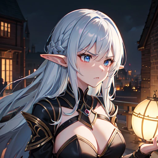 8K、Elf Girl Fallen into Darkness、Fair skin、Big Breasts、Dark Element Costume、Heart of Darkness、cool and sharp face、Angry look、revenge、Burn the city、A city burning in the distance、Brick House、Late Night、Fantasy、smooth image、Gray Hair、Medieval streetscape