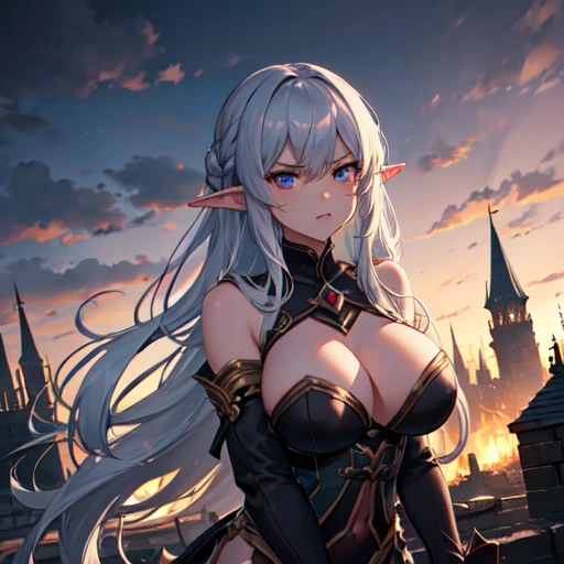 8K、Elf Girl Fallen into Darkness、Fair skin、Big Breasts、Dark Element Costume、Heart of Darkness、cool and sharp face、Angry look、revenge、Burn the city、A city burning in the distance、Brick House、Late Night、Fantasy、smooth image、Gray Hair、Medieval streetscape
