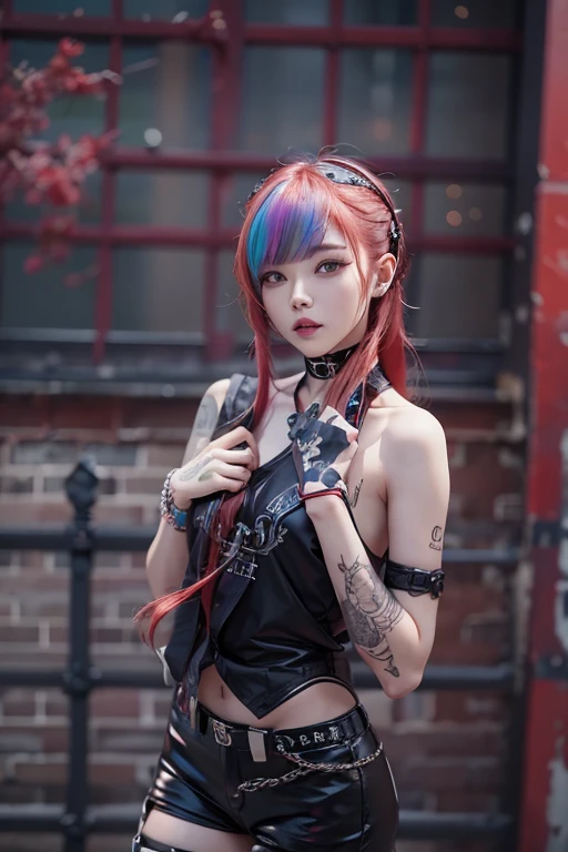 No sleeve、Tattoo、真っred、本当にredい、red、red-haired、corruption、red hairs、Headphones、🎧、Goth_punk, One Girl, alone, Medium Shot, Walking around Harajuku, ((at night)), Bokeh Depth of Field, Neon Light, Rainbow Eyes, Starry Sky, red glowing hair, Black eyebrows, Radiant hair, (iridescent red hair), 耳Nipple Ring, Bans, gem, mask, 鈍い前hair, Veld's Eye, 口mask, Blurred背景, Blurred, hair adornments, Look at the viewers, shorth hair, Portraiture, Side Lock、Goth、(Tabletop), (Portraiture), (beautiful), (beautiful), (Upper blood), (high quality), (beautiful衣服), (Professional Perspective), (Rule of thirds), (feminine), (woman), (woman), (beautiful),(feminine features), (Age 25), alone, woman1名, (Charming punk girl), Winters, Dramatic Light, ((I'm playing the guitar)), (Are standing), anddgy makeup, (Small breasts), ((Electric guitar)), (Front Face), (Resistance的な表情), ((Resistance)), (レザージャケットとTattoo), ((Short hair)), (dyed (and.G. and pink) hair), (spiky hair), (Thick hair), Matte shine hair, (Hair bands scattered in the hair), (Green eyes), (A bold and daring look), (Pale skin), (Dark clothing), (Band T-shirts), (Ripped jeans), (-), Crew neck), ((Urban alley background)), (Close-up shot), beautiful hands, both hands, Normal hand, Two Arms, Complete Hand, beautiful body, beautiful fingers, Normal finger, Five Fingers, Five Fingers, (Thumb Index Finger Ring Finger), beautiful ears, Normal ear, beautiful eyes, Shining Eyes, beautiful mouth, beautiful lips,