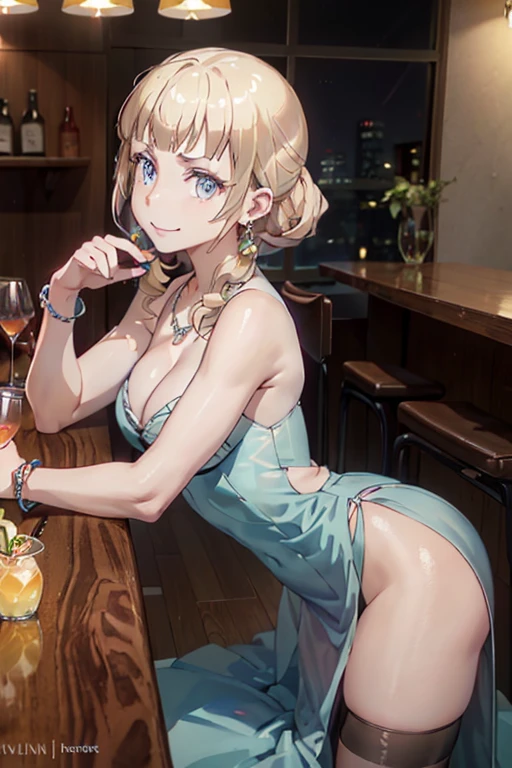 (masterpiece, best quality:1.2), (high resolution, 8K RAW photo, photo realistics, clear focus, weak outline:1.3), (cinematic lighting, moody, textile shading), pov, (solo:1.5), 1 matured woman, 24 years old, (milf:1.5), ((nfsw:1.5, small breast:1.3, breast cleavage:1.2, harass sexually, in heat, presenting)), ((Bright beautiful eyes with highlight:1.3)), (sitting a stool in night BAR counter, lying face down on the counter with putting arms on the counter top, looking at viewers, holding a cocktail glass), raised sexy, (little happy smile:1.3, shamed), light purple mesh on silver hair, medium long hair, hair over one eye, asymmetric hair, half updo hair, blue eyes, wearing blue sexy party dresses:1.1, long skirt with side slit, wearing green see-through shawl around your upper arms, (Luxury detailed accessories, necklace, earrings, Bracelets), bokeh, dynamic angle, upper body:1.2, close-up face:1.5, face focus, from side:1.2, (correct anatomy:1.6, ideal ratio of body proportions, correct hand:1.5, small hands), in a night,