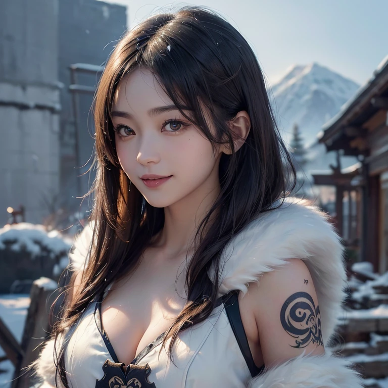 Hide in the snow mountain、Hair flows、 ((highest quality、masterpiece、8k、best image quality、ultra high resolution、Award-winning work)、(accurate anatomy:1.1)、(look at me and smile:1.1)、Shining fair skin with ultra high resolution、most detailed face、ultra high resolution detailed face、ultra high resolutionの髪の毛、(ultra high resolutionの煌めく瞳:1.1)、Beautiful face drawn in every detail、(blurred background:1.1)、ancient Inuit clothing, chest together, tattoo, Old ruins in the background、real wolf aside