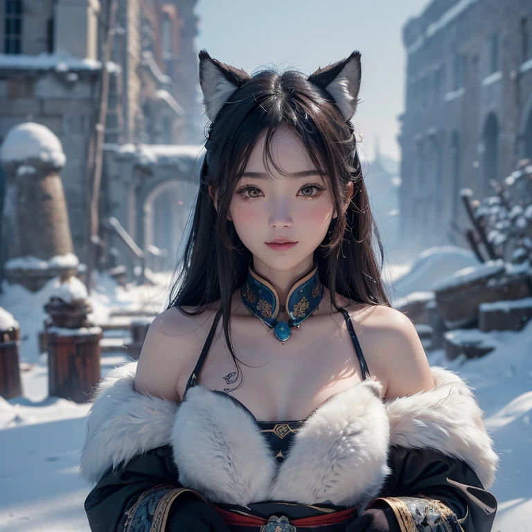Hide in the snow mountain、Hair flows、 ((highest quality、masterpiece、8k、best image quality、ultra high resolution、Award-winning work)、(accurate anatomy:1.1)、(look at me and smile:1.1)、Shining fair skin with ultra high resolution、most detailed face、ultra high resolution detailed face、ultra high resolutionの髪の毛、(ultra high resolutionの煌めく瞳:1.1)、Beautiful face drawn in every detail、(blurred background:1.1)、ancient Inuit clothing, chest together, tattoo, Old ruins in the background、real wolf aside
