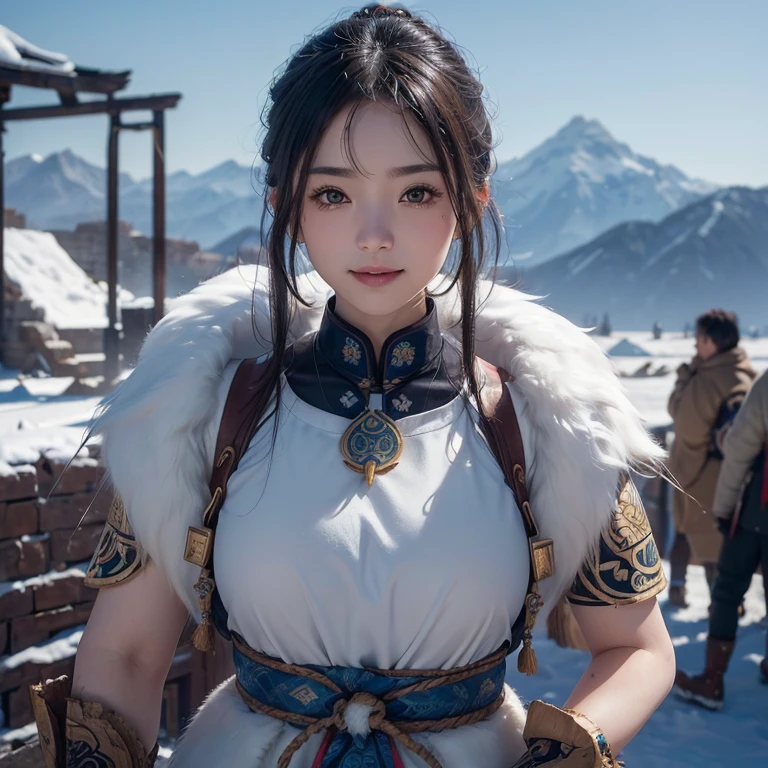 Hide in the snow mountain、Hair flows、 ((highest quality、masterpiece、8k、best image quality、ultra high resolution、Award-winning work)、(accurate anatomy:1.1)、(look at me and smile:1.1)、Shining fair skin with ultra high resolution、most detailed face、ultra high resolution detailed face、ultra high resolutionの髪の毛、(ultra high resolutionの煌めく瞳:1.1)、Beautiful face drawn in every detail、(blurred background:1.1)、ancient Inuit clothing, chest together, tattoo, Old ruins in the background、real giant eagle aside
