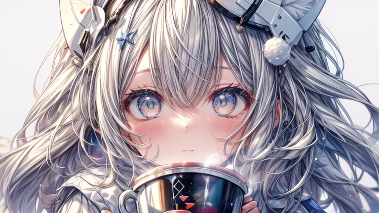 1 girl, cup, Milk Girl, milk, Gray Hair, White clothes, Snow-white skin, Hair cup, cup on the cheeks, cup on the face, Colorful cup, cup on clothes, White Background, Milk flows
