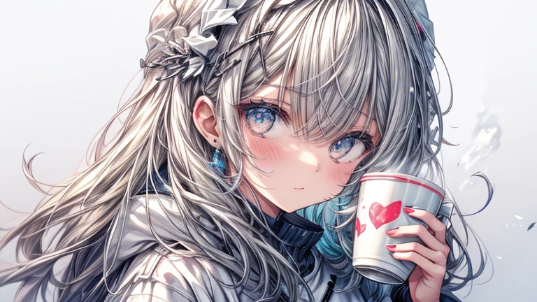 1 girl, cup, Milk Girl, milk, Gray Hair, White clothes, Snow-white skin, Hair cup, cup on the cheeks, cup on the face, Colorful cup, cup on clothes, White Background, Milk flows
