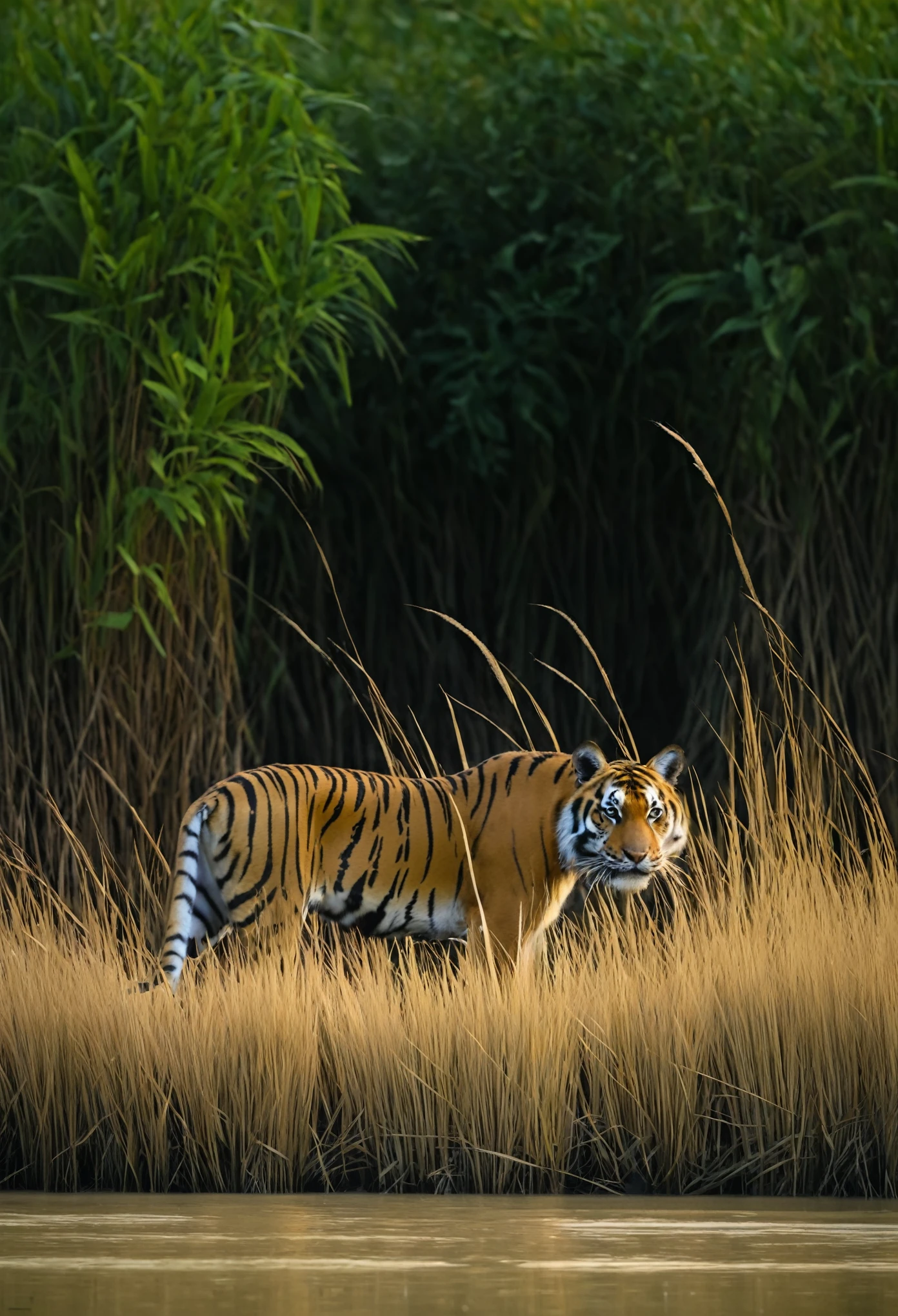 a brown-eyed tiger lurks on dry grass at down in Sundarban a deer is seen in front of it