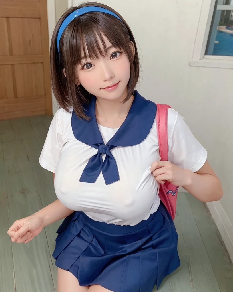 (masterpiece,highest quality,超A high resolution),Japanese women, A very beautiful  girl, Ubu no Girl、(Perfect limbs、Perfect Anatomy),((Bob Hair,hair band)).Cute Sailor Uniform、Short-sleeved sailor uniform、Navy Blue Skirt、pure white、Beautiful Skin、Watery eyes、Sparkling brown hair、The colors and landscapes of youth、Feeling of love、A shy smile、go to school、morning,(((Carry a school bag)))、(Big Breasts:1.3)