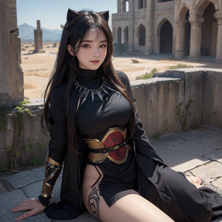 Hiding in the desert、Hair flow、 ((highest quality、masterpiece、8k、Best image quality、Ultra-high resolution、Award-winning works)、(Accurate anatomy:1.1)、(Look at me and smile:1.1)、Shining fair skin with Ultra-high resolution、The most detailed face、Ultra-high resolution detailed face、Ultra-high resolutionの髪の毛、(Ultra-high resolutionの煌めく瞳:1.1)、Beautiful face drawn in every detail、(Blurred Background:1.1)、Ancient Islamic clothing, Chest to chest, tattoo, Old ruins in the background、Sitting black panther