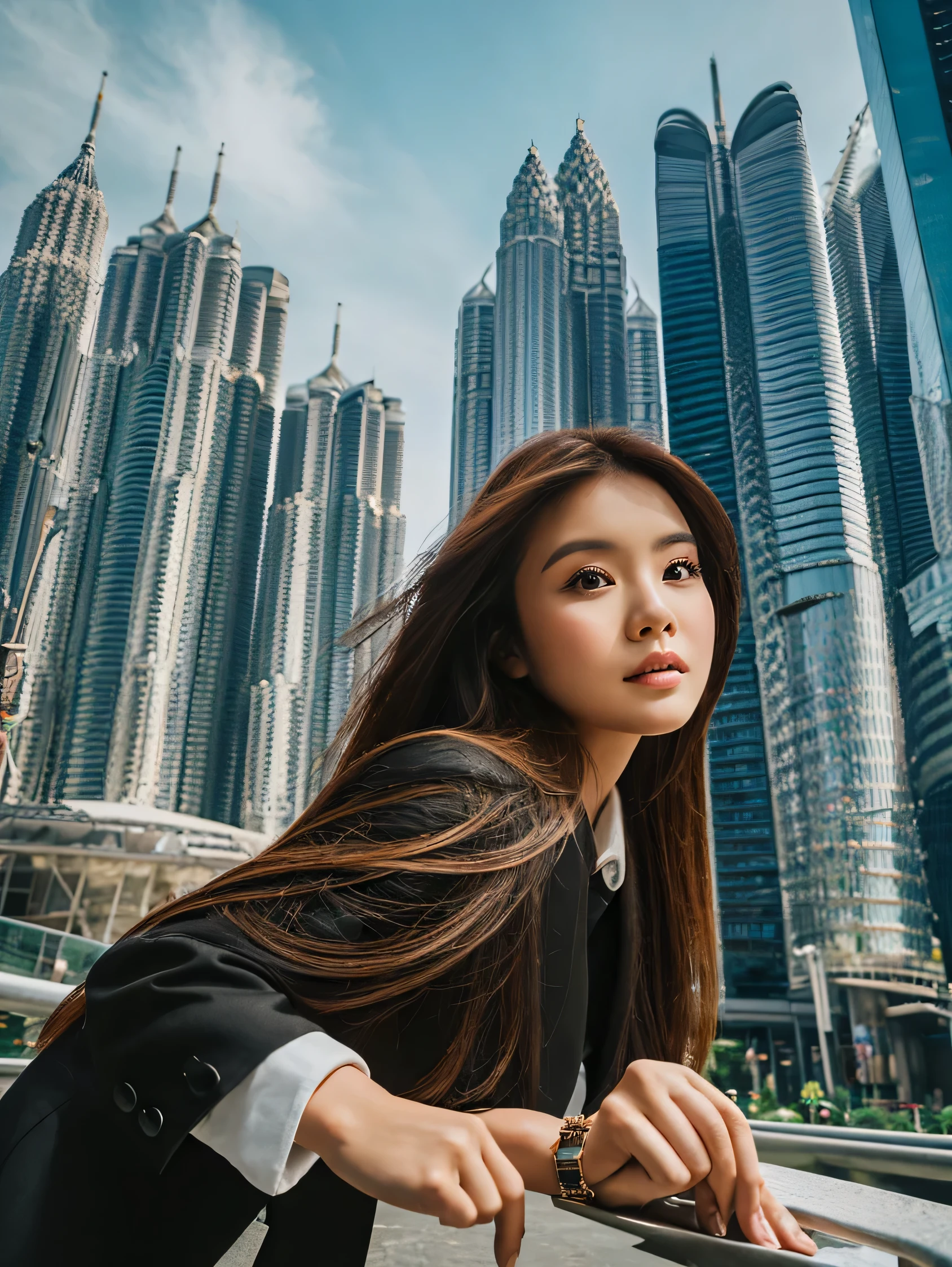 photography of an Indonesian woman with a thick body, long hair with brown layers, dressed in casual-formal black clothes, posing like a magazine model with the background of the Petronas twin towers, shot from below, super high image quality, very high detail , ISO 1000, DSLR, like real, cinematic filter effect.