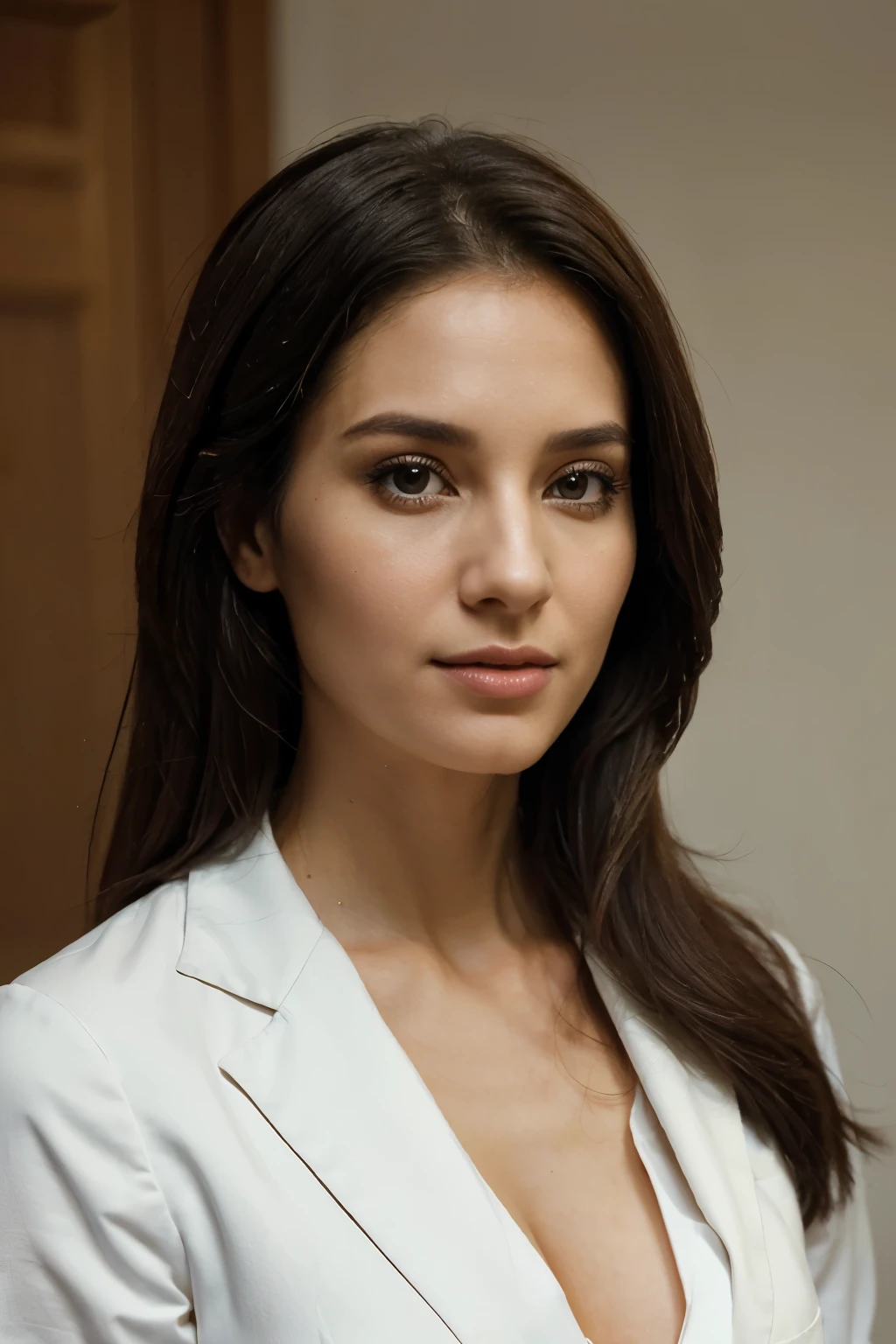 Depiction of the face of an elegant and professional woman, who could be a lawyer. She is around 35 years old, dressed in refined and professional attire suitable for a prominent figure in the legal world. The background should be a light solid color.