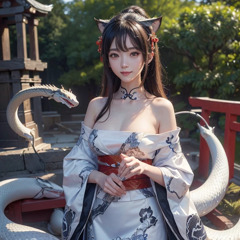 Hide in the ancient shrine、Hair flows、 ((highest quality、masterpiece、8k、best image quality、ultra high resolution、Award-winning work)、(accurate anatomy:1.1)、(look at me and smile:1.1)、Shining fair skin with ultra high resolution、most detailed face、ultra high resolution detailed face、ultra high resolutionの髪の毛、(ultra high resolutionの煌めく瞳:1.1)、Beautiful face drawn in every detail、(blurred background:1.1)、ancient shrine maiden clothes, chest together, tattoo、giant white snake aside