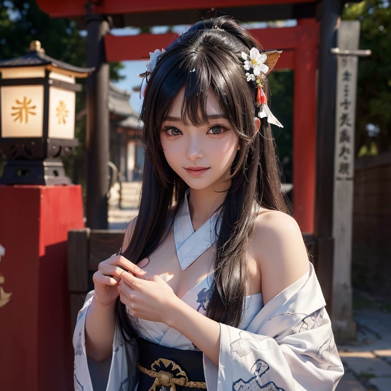 Hide in the ancient shrine、Hair flows、 ((highest quality、masterpiece、8k、best image quality、ultra high resolution、Award-winning work)、(accurate anatomy:1.1)、(look at me and smile:1.1)、Shining fair skin with ultra high resolution、most detailed face、ultra high resolution detailed face、ultra high resolutionの髪の毛、(ultra high resolutionの煌めく瞳:1.1)、Beautiful face drawn in every detail、(blurred background:1.1)、ancient shrine maiden clothes, chest together, tattoo、giant white snake aside