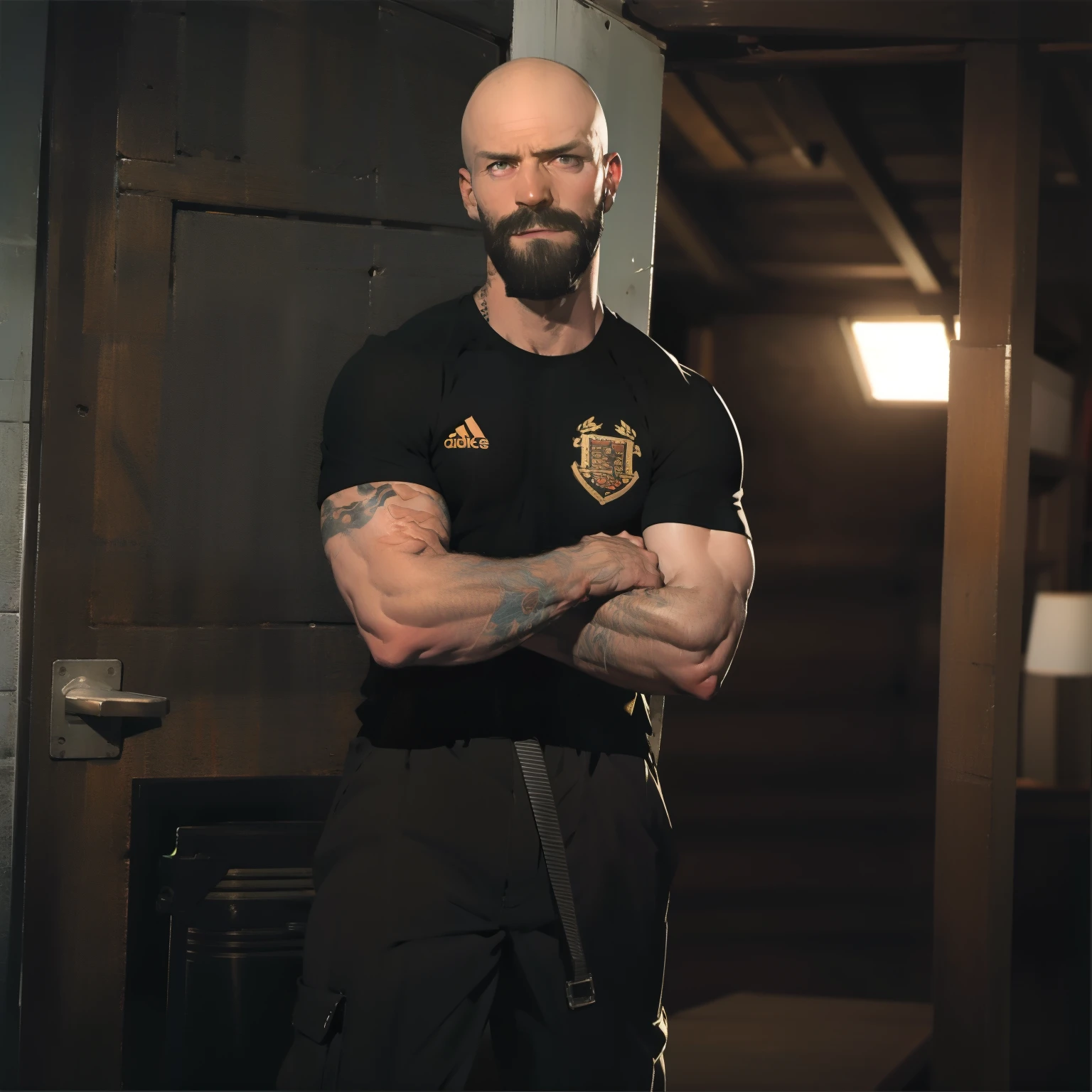 tall bald handsome man with beard, daddy, dark tattoos, lean fit body, soccer shirt, 30yo, dynamic lighting, lean body, loose cargo pants, character sheet, full body shot