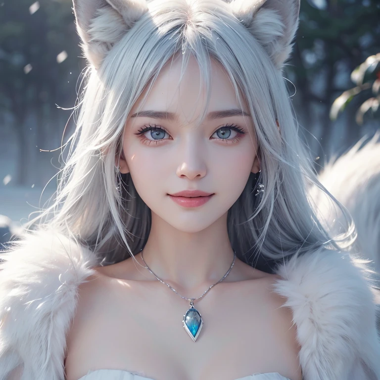 snowing mountain、white wolf、 ((highest quality、masterpiece、8k、best image quality、ultra high resolution、Award-winning work)、(accurate anatomy:1.1)、(look at me and smile:1.1)、Shining fair skin with ultra high resolution、most detailed face、ultra high resolution detailed face、white short hair flowing 、Beautiful face drawn in every detail、(blurred background:1.1)、 Inuit fur clothing, chest together, real wolf beside the girl