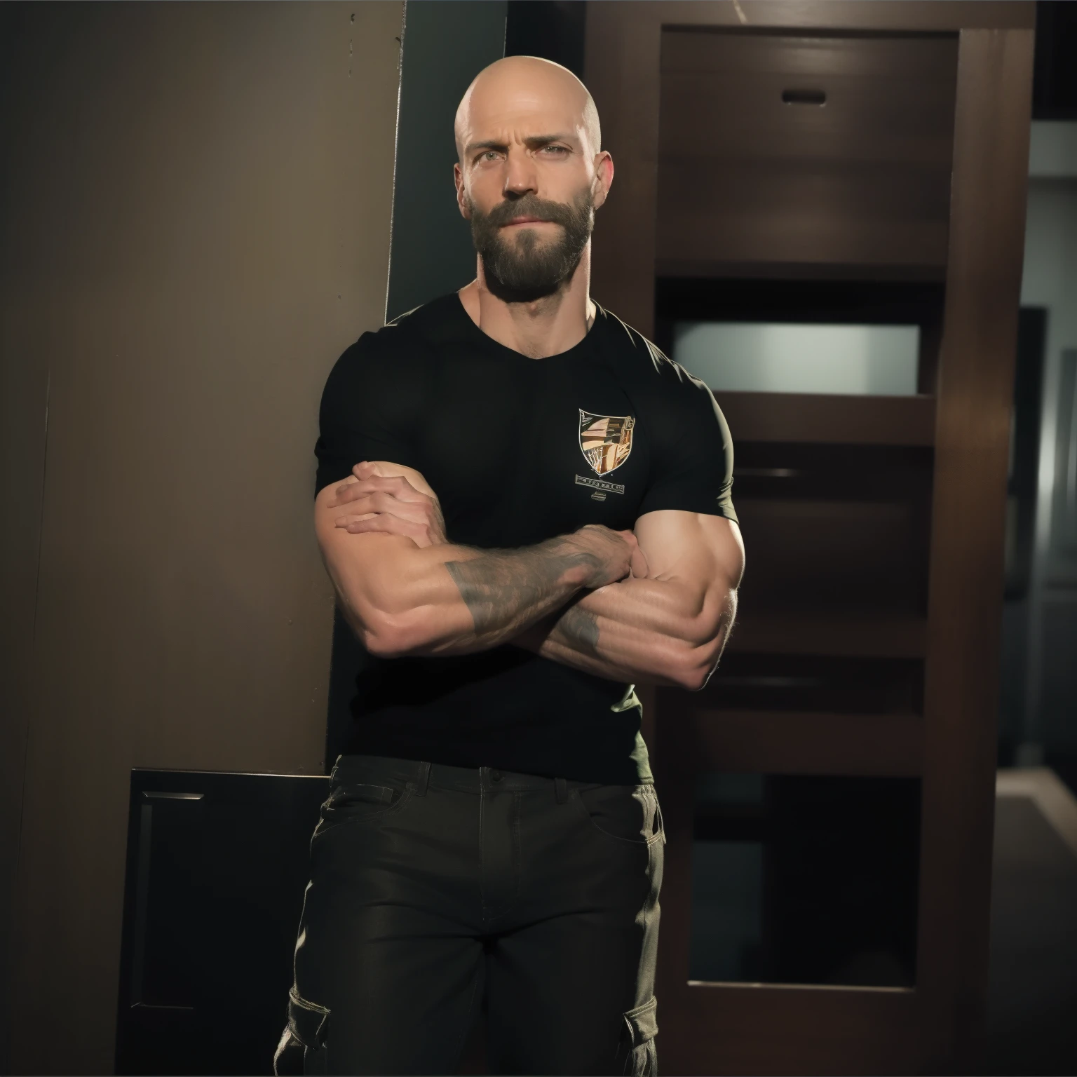 tall bald handsome man with beard, daddy, dark tattoos, lean fit body, soccer shirt, 30yo, dynamic lighting, lean body, loose cargo plants pants, character sheet, full body shot