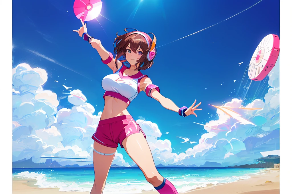 (perfect composition),imagined a girl in extreme sport outfit playing to a flying disc game in a beach arena game sport, masterpiece, ultra-detailed, 80's anime (style), 2D, megapixel, perfectionism, full HD , 4K, (windjammers), windjammers sport game, windjammers 2 (((((solo mature anime woman,)))))++++++++++++++++++, looking at viewer, full body, brown hair and pink hair, short hair, weird hair, smile, lips, eyelashes, medium breasts, gym uniform, uniform, gym shorts, headband, sports bra, elbow pad, knee pad, extreme sports outfit 80's theme, beach background, playing flying disc game on a beach court game, sea, sun in the sky, sports wear