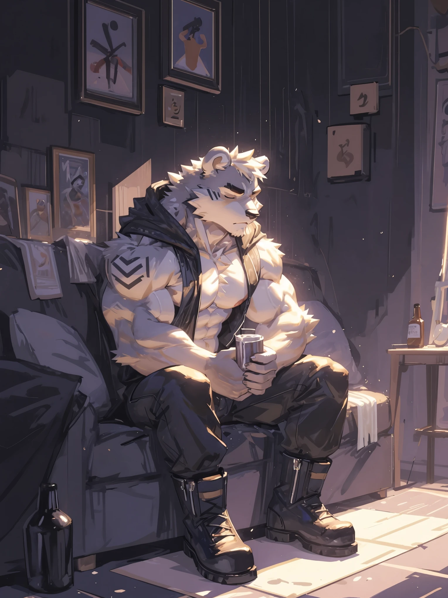 (masterpiece:1.2), best quality,pixiv,official art,perfect anatomy, (Ray tracing, light), (1_male:1.3) , (muscle), (gray fur:1.4), (muscle bear), (beard:1.2), (gleaming golden eyes), Thick black eyebrows, open hoodie, (naked inside:1.2), cargo pants, (boots:1.2), portrait, sitting, indoor, drink beer alone, looks tired, sitting on the sofa , watching tv