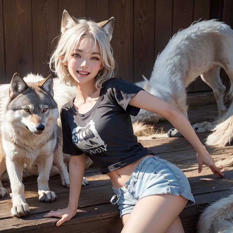 Desert, windy weather, dance with wolf head man、 ((highest quality、masterpiece、8k、best image quality、ultra high resolution、Award-winning work)、(accurate anatomy:1.1)、(look at me and smile:1.1)、Shining fair skin with ultra high resolution、most detailed face、ultra high resolution detailed face、white short hair flowing 、Beautiful face drawn in every details,T shirt and shorts, modest breast , real wolf beside the girl
