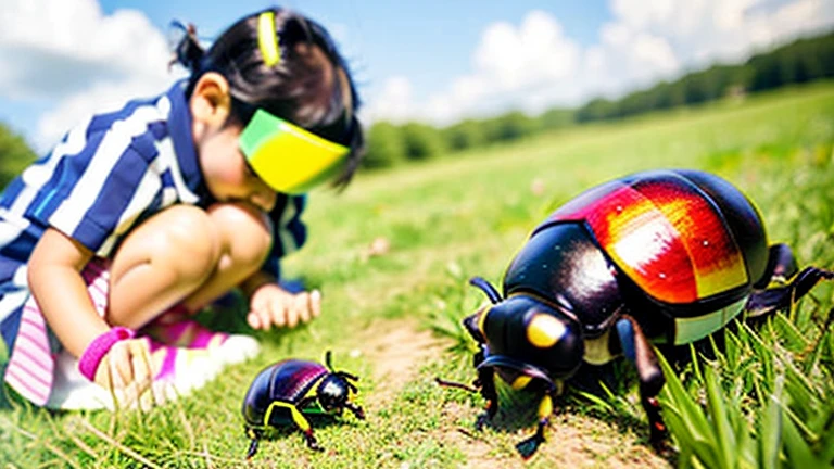 Children playing with beautiful beetles in the grassland、Children playing with beautiful beetles in the grassland、Colorful Mushiking
