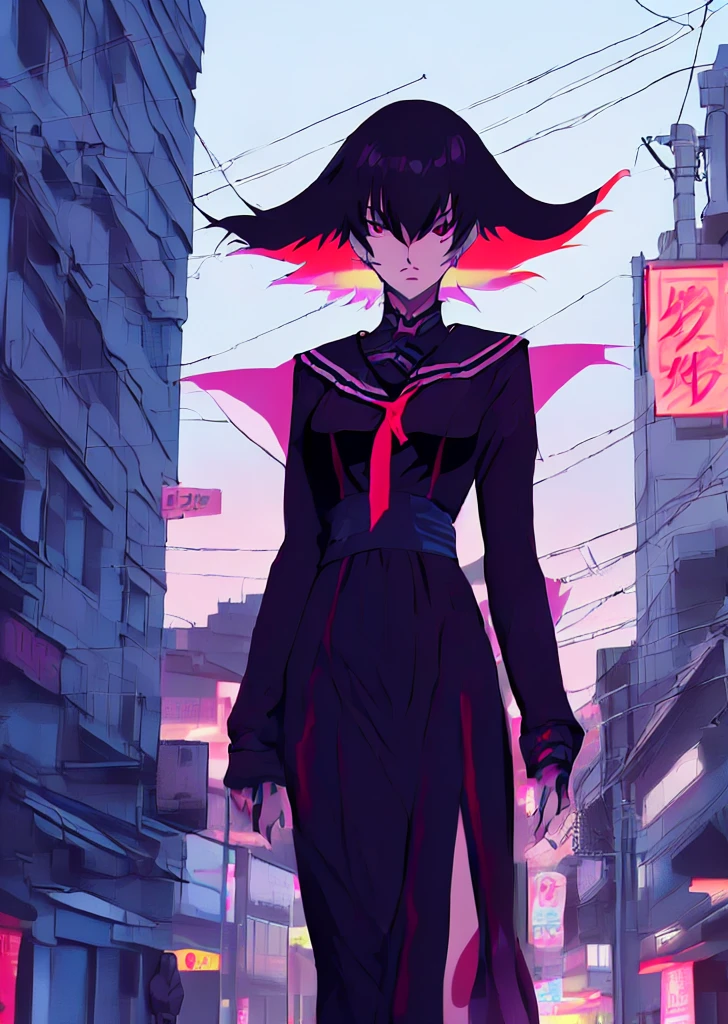 (perfect composition),anime character Sukeban delinquent girl  standing on a city street corner in black seifuku with black very long skirt, anime style. 8k, anime style mixed with fujifilm, retro anime girl, anime styled digital art, in tokyo, anime style illustration, anime style 4 k, anime style artwork, anime poster film still portrait, tokyo anime scene, modern anime style, anime style digital art, short hair, 26year old, red converse,