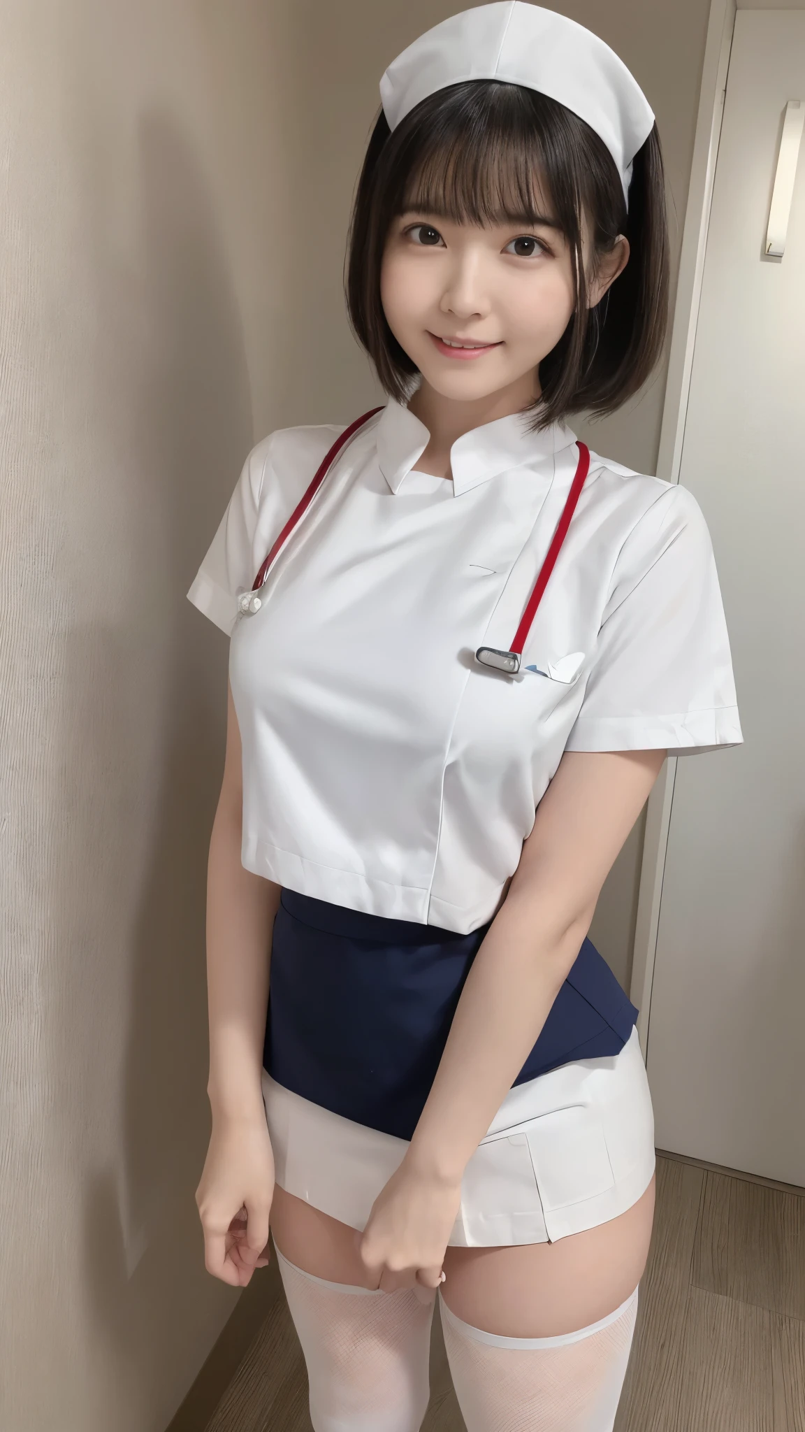 (Traditional white nurse uniform、Small plain nurse cap、White pencil micro mini skirt、Pencil Mini Skirt、Black Hair、smile、Inside the hospital、Knee-high socks、Short sleeve、Groin、Her big breasts are about to burst out of her clothes)、ass、Professional Lighting、thin、Adult female、Captivating thighs、Clothes with visible body lines