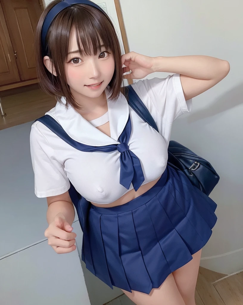 (masterpiece,highest quality,超A high resolution),Japanese women, A very beautiful 11 year old girl, Ubu no Girl、(Perfect limbs、Perfect Anatomy),((Bob Hair,hair band)).Cute Sailor Uniform、Short-sleeved sailor uniform、Navy Blue Skirt、pure white、Beautiful Skin、Watery eyes、Sparkling brown hair、The colors and landscapes of youth、Feeling of love、A shy smile、go to school、morning,(((Carry a school bag)))、(Big Breasts:1.3)、(Erect nipples:1.3)