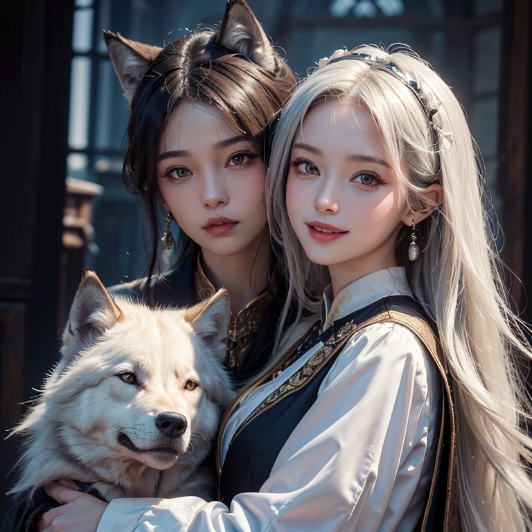 Dark ambiance,old European townde in the background、white wolf、 ((highest quality、masterpiece、8k、best image quality、ultra high resolution、Award-winning work)、(accurate anatomy:1.1)、(look at me and smile:1.1)、Shining fair skin with ultra high resolution、most detailed face、ultra high resolution detailed face、white short hair flowing 、Beautiful face drawn in every detail、(blurred background:1.1)、traditional Georgia man costume, tiny breast, real wolf beside the girl