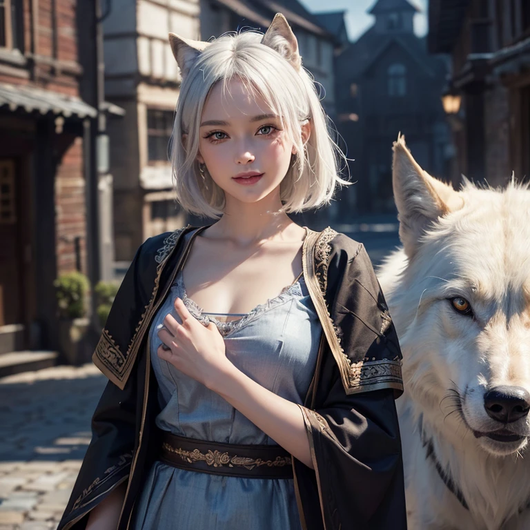 Dark ambiance,old European townde in the background、white wolf、 ((highest quality、masterpiece、8k、best image quality、ultra high resolution、Award-winning work)、(accurate anatomy:1.1)、(look at me and smile:1.1)、Shining fair skin with ultra high resolution、most detailed face、ultra high resolution detailed face、white short hair flowing 、Beautiful face drawn in every detail、(blurred background:1.1)、traditional Georgia man costume, tiny breast, real wolf beside the girl
