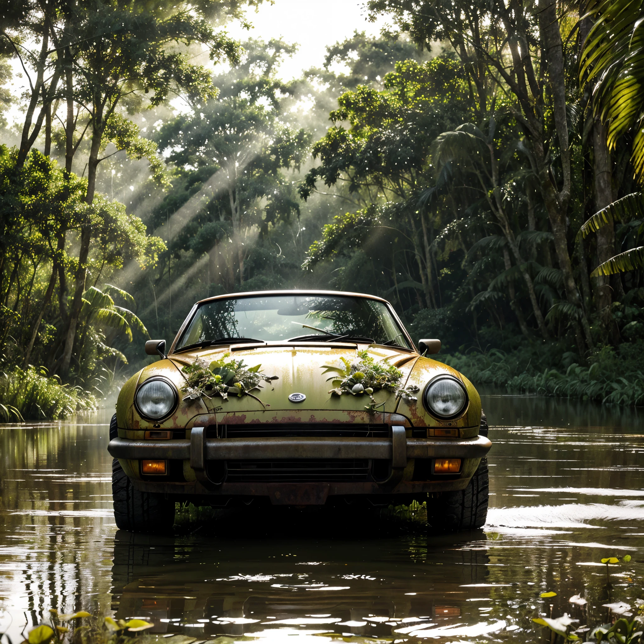 rusty sportscar with shattered windshield overgrown with plants on a swampy water shaded by tall trees sunlight passing through a thin white mist, best quality, ultra realistic, accurate details