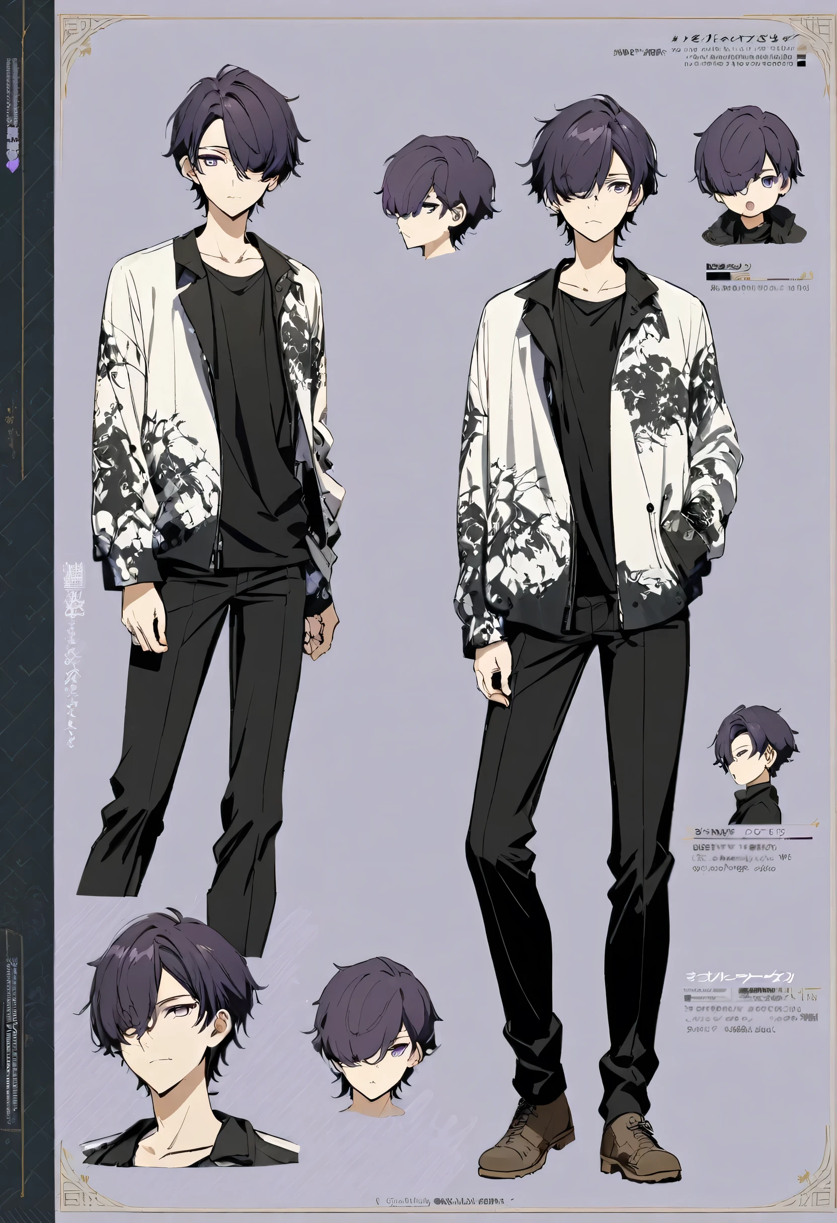 good looking, alone, male, short hair, Hair covering the left eye, Dark lavender hair, Purple eyes, Remains, Black Shirt, Black Pants, Casual jacket,Character design sheet,front,three views,tall,whole body