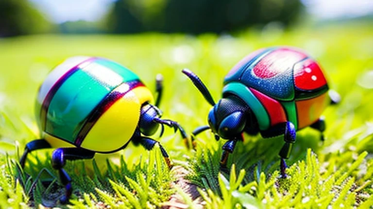 Children playing with beautiful beetles in the grassland、Children playing with beautiful beetles in the grassland、Colorful Mushiking