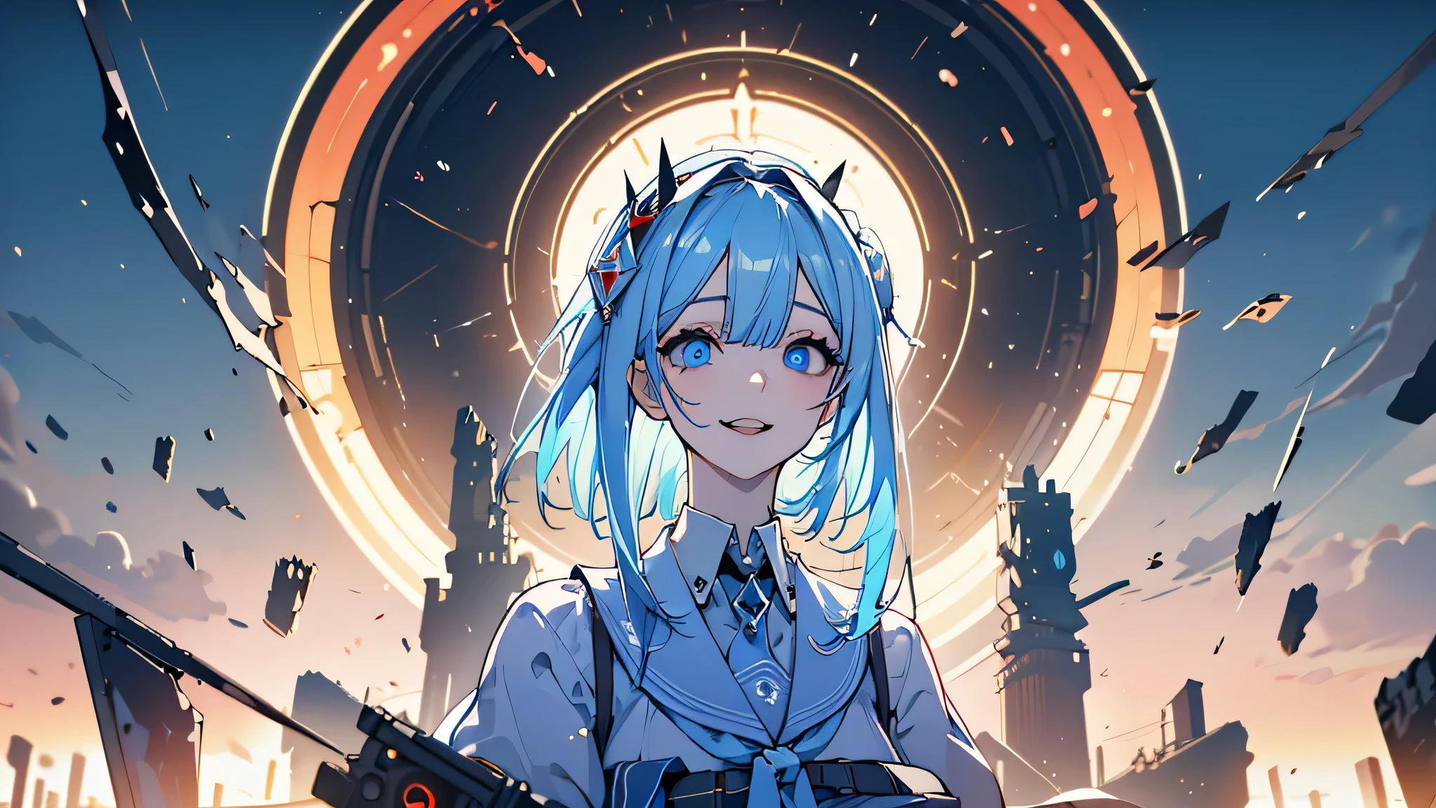 ((Best quality)), ((masterpiece)), (detailed:1.4), 3D, an image of a beautiful cyberpunk female, Yandere , Yandere Face , Trance , Trance Eyes , yameroyandere , constricted pupils , yandere ,
empty eyes . shaded face , crazy eyes , blue glowing eyes , crazy smile , dark, long sky blue hair, watering hair, blue eyes, white headgear, White Soldier Shirt, Black under cloth, Short white panty, Grenade belt, Big chest, Big thigh, High thigh black knee sock, full view of girl, battlefield background, black combat boot, red necktie, black glove, black combat suit, black jacket, black cloak, black panty, ammo belt, HDR (High Dynamic Range),Ray Tracing,NVIDIA RTX,Super-Resolution,Unreal 5,Subsurface scattering,PBR Texturing,Post-processing,Anisotropic Filtering,Depth-of-field,Maximum clarity and sharpness,Multi-layered textures,Albedo and Specular maps,Surface shading,Accurate simulation of light-material interaction,Perfect proportions,Octane Render,Two-tone lighting,Wide aperture,Low ISO,White balance,Rule of thirds,8K RAW,