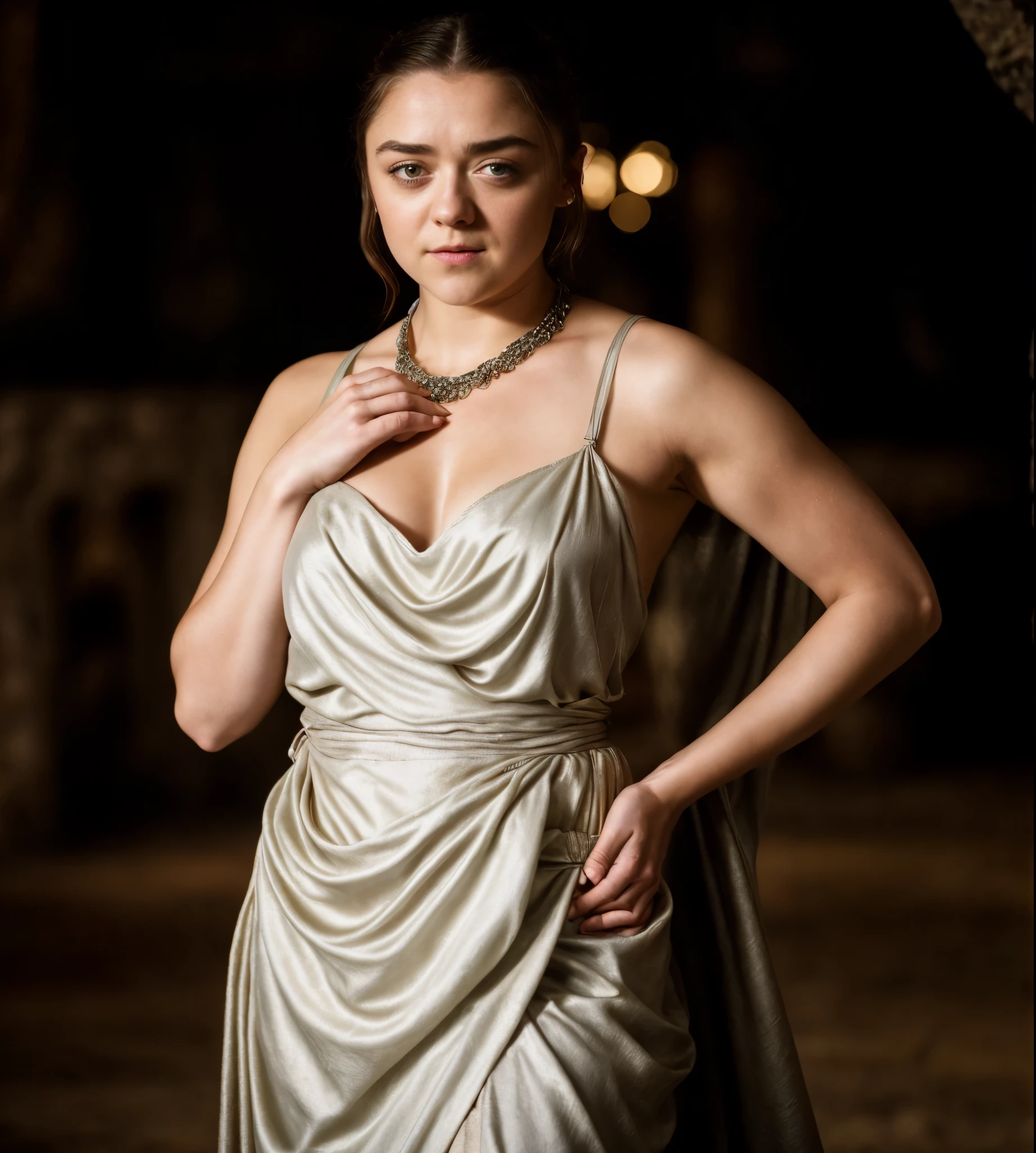 Foto RAW, Arya Stark, Extremely gorgeous lady, Arya Stark PLAYED BY MAISIE WILLIAMS, Queen Arya Stark, she a mature woman now, milf, sexy mediaeval battle dress, gladiator woman, body, 40 years old Woman, Roman slave dress, cotton dress, busty mediaeval costumes, body revealing costumes, perky breast, big natural breast, erotic costumes, lusty physique, seductive figure can capture every people's attention, Game of thrones costumes, revealing captivating figure, Mediaeval costumes, revealing clothes, A tomboy, she would rather fence than dance, warrior queen , game of thrones screen caps, Game of Thrones Series, (pele altamente detalhada: 1.2), 8k UHD, DSLR, soft-lighting, alta qualidade, grain of film, Fujifilm XT3, flawless picture, highly detailed, detailed Beauty, intricate, 32k, sharp picture,