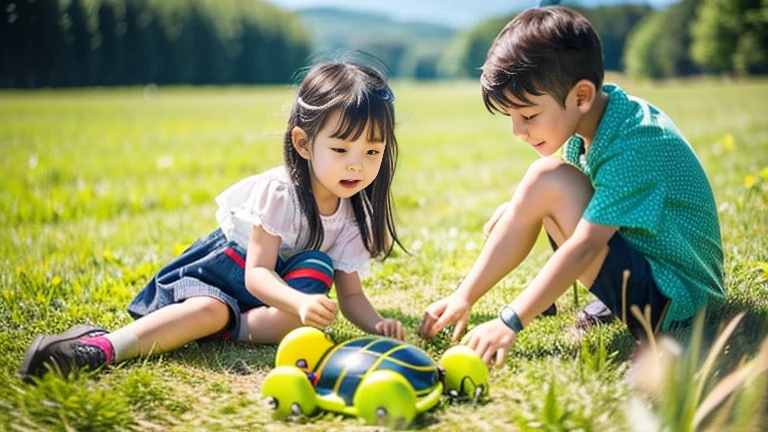 Children playing with beautiful beetles in the grassland、Children playing with beautiful beetles in the grassland、Colorful Mushiking