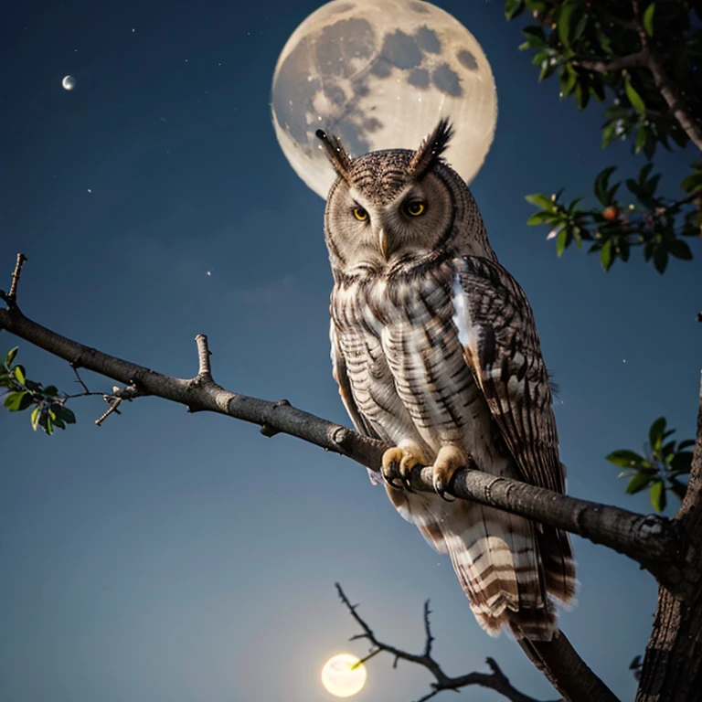 An owl staring at the moon on a tree branch