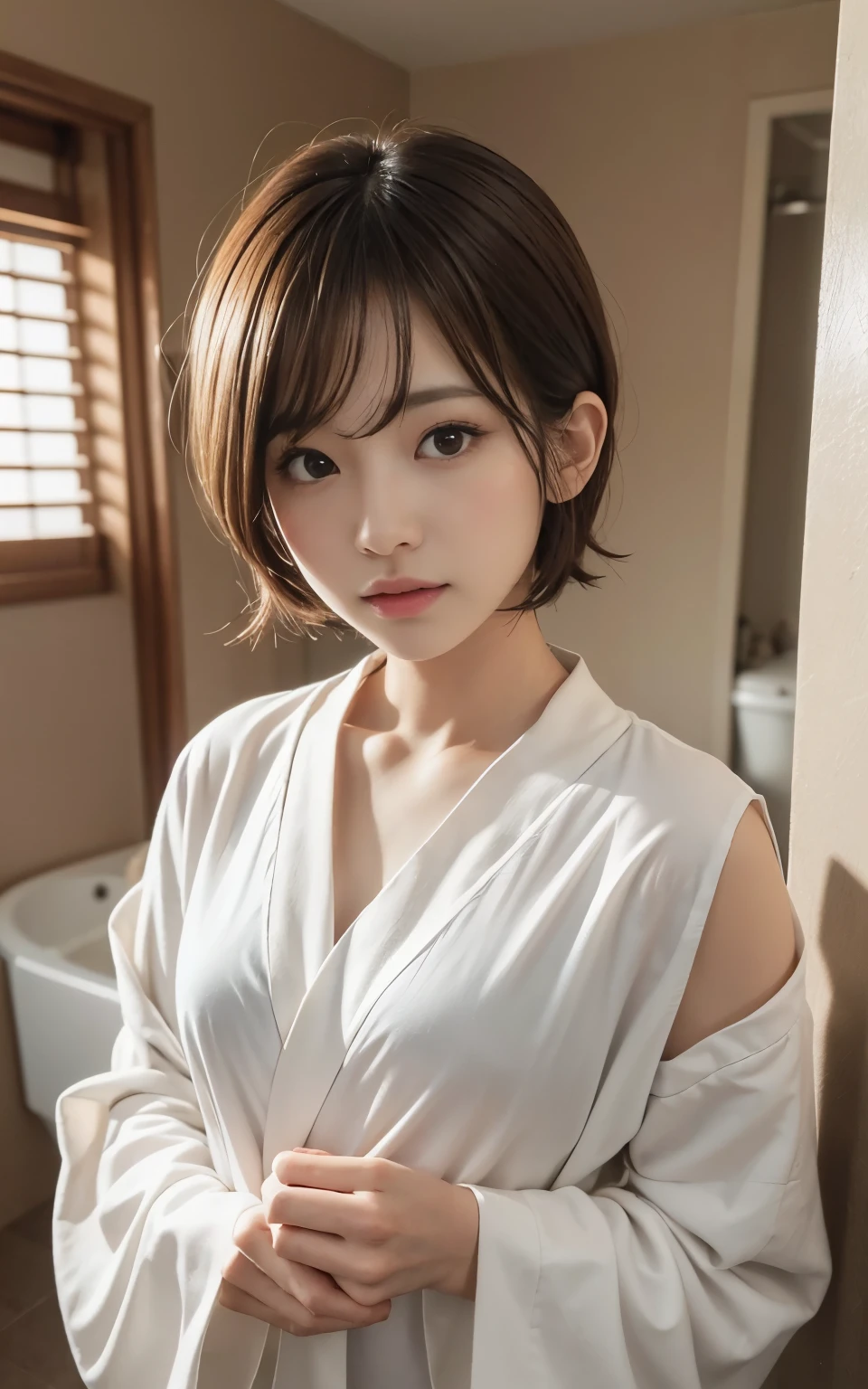 cute 21 year old japanese、Bathroom、wearing a bathrobe、super detail face、eye for details、double eyelid、beautiful thin nose、sharp focus:1.2、Beautiful woman:1.4、(light brown hair,short cut hair, ),pure white skin、highest quality、masterpiece、Super high resolution、(Photoreal:1.4)、A glimpse of the chest、